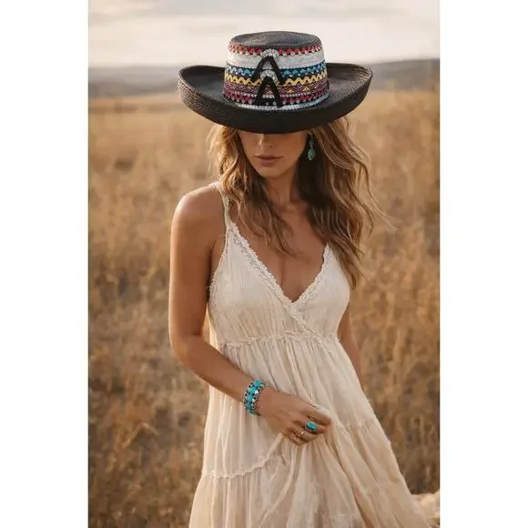 Vintage Southwest Statement Straw Hat Black Western Concho Festival Cowgirl Rare - Picture 3 of 13